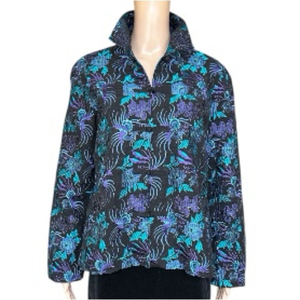 Vintage Chico's Design Silk Linen  Black Purple Blue Floral Embroidered Jacket